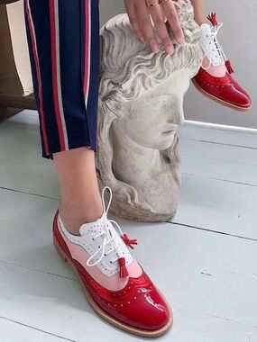 Patent Leather Tri-Tone Tassel Brogues — Red, Pink & White